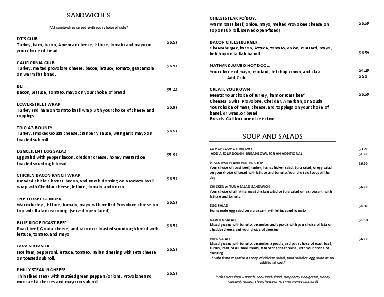 Menu at DT's Blue Ridge Java cafe, Spruce Pine