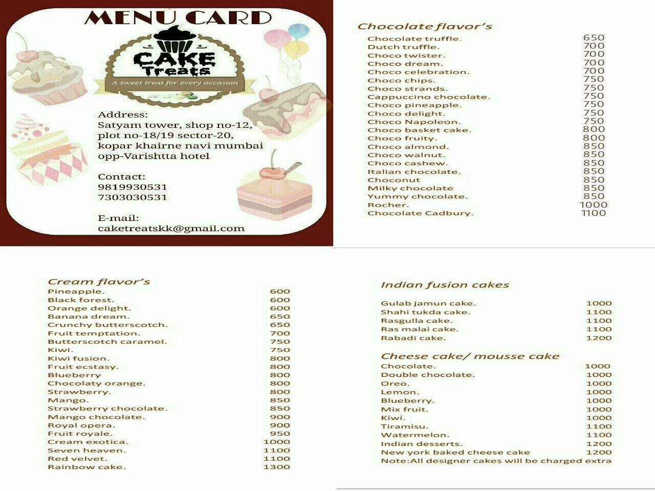 Cake Treats Menu, Menu for Cake Treats, Kopar Khairane, Navi Mumbai