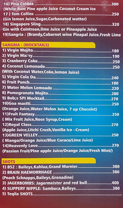 Bob's Inn menu