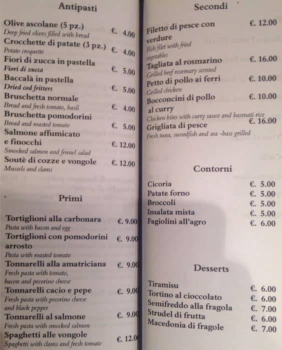 Menu di Julian Cafè Roma 