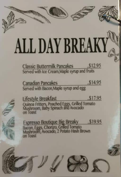 Espresso Boutique Menu, Menu for Espresso Boutique, Clayfield, Brisbane