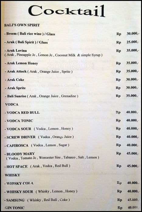 Bintang Bali Sport Bar Restaurant Menu