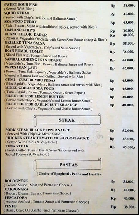 Bintang Bali Sport Bar Restaurant Menu