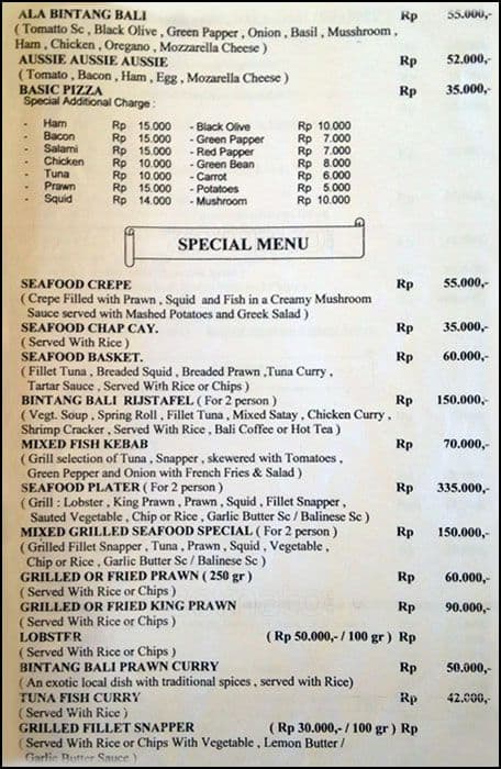 Bintang Bali Sport Bar Restaurant Menu