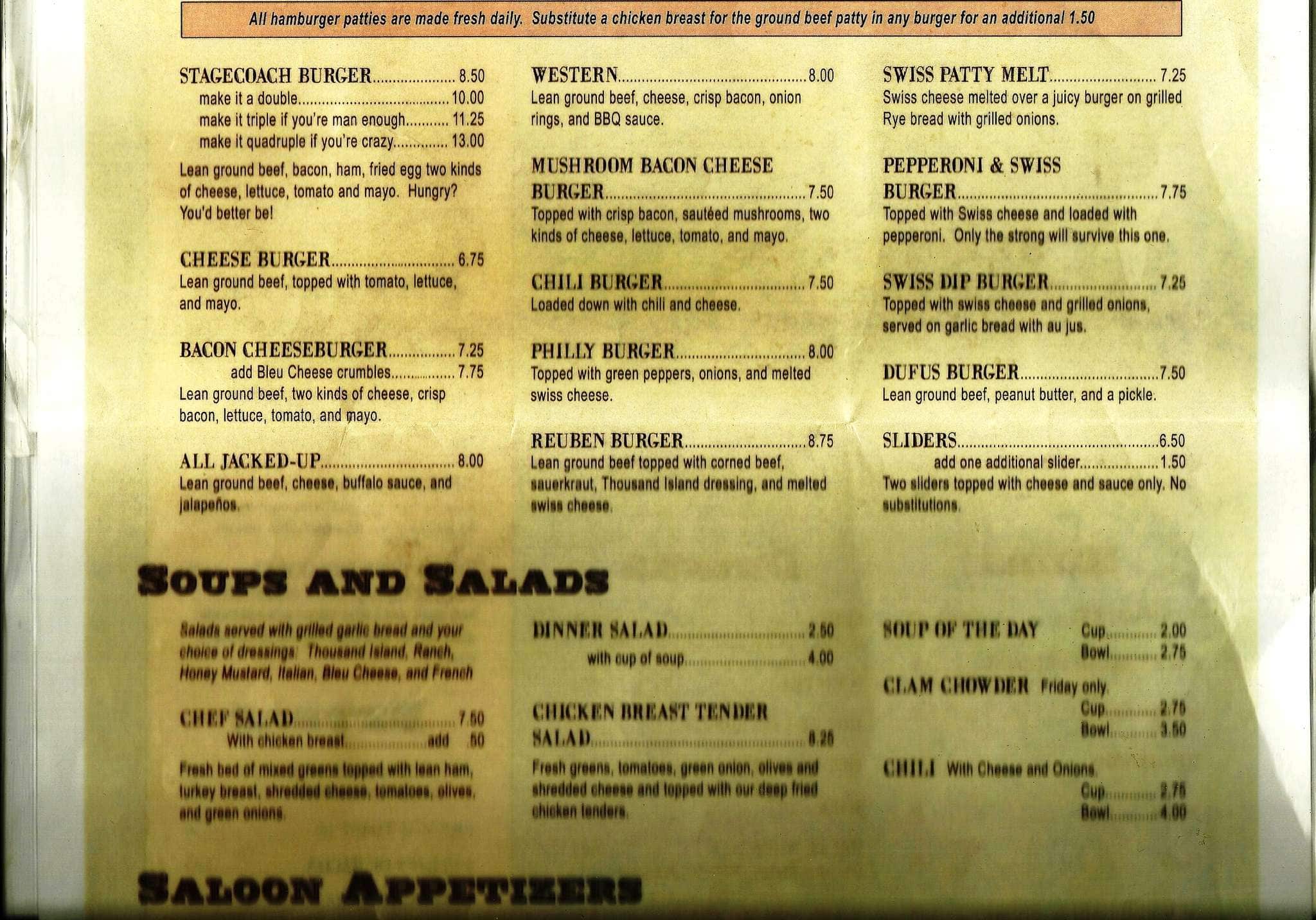 Menu at The Stagecoach Saloon pub & bar, Fairview