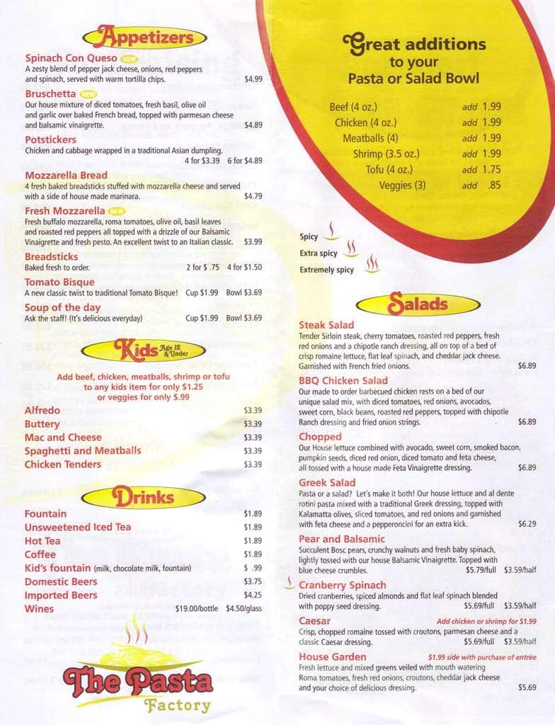 The Pasta Factory Menu, Menu for The Pasta Factory, Latham, Albany