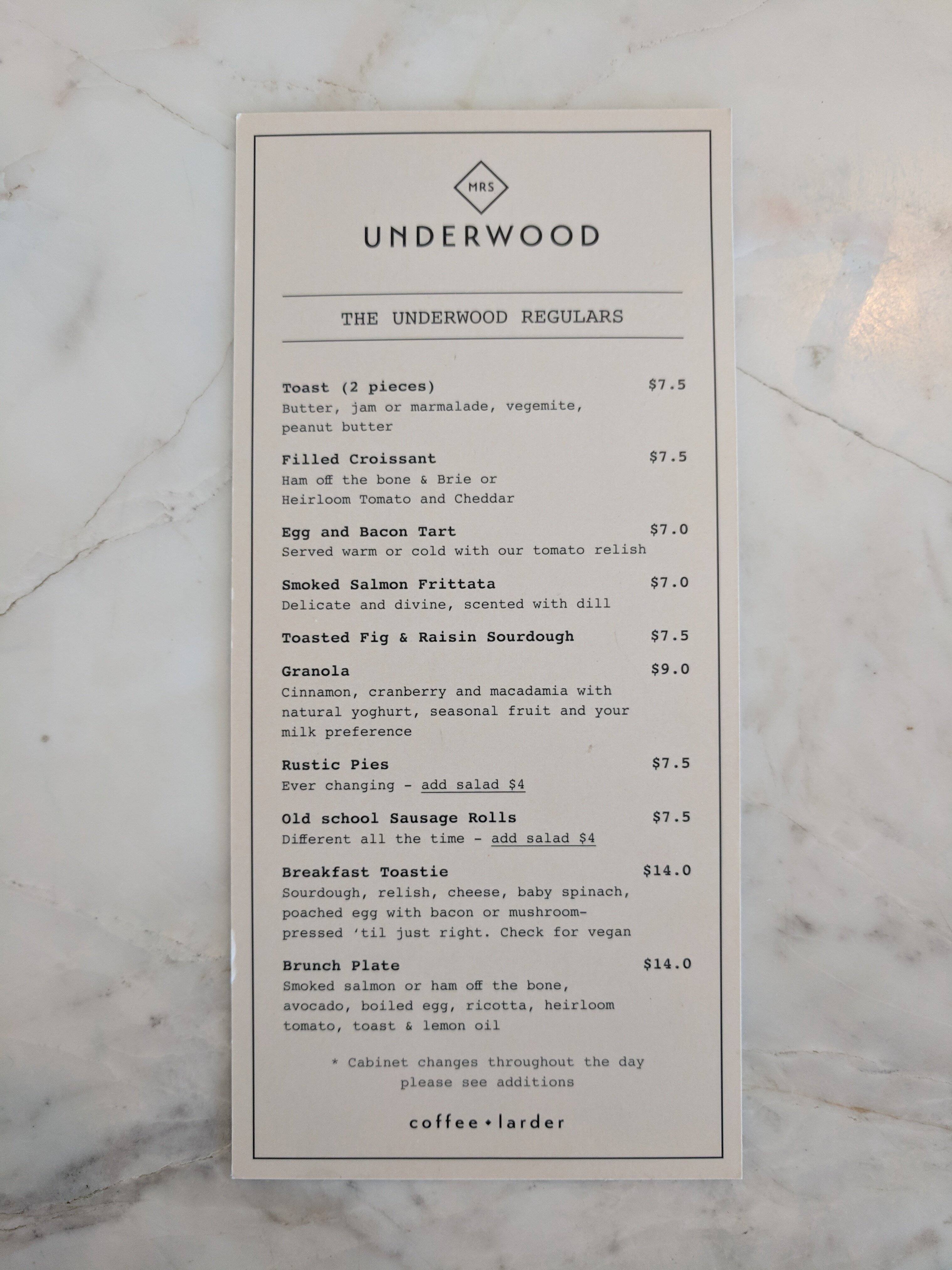 Menu at Mrs Underwood cafe, Stanmore