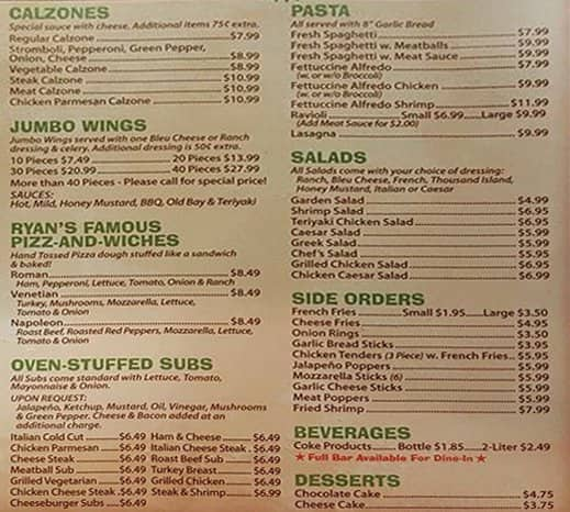 Menu at Ryan's Famous Pizza & Subs pizzeria, Beaufort