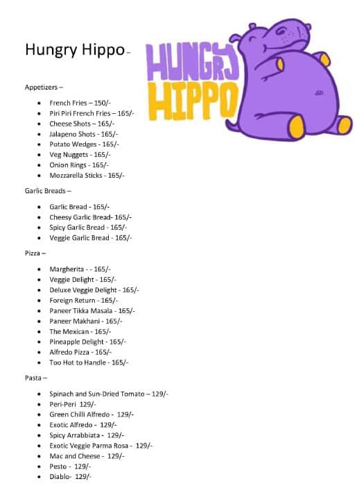 Menu of Hungry Hippo, Madhapur, Hyderabad
