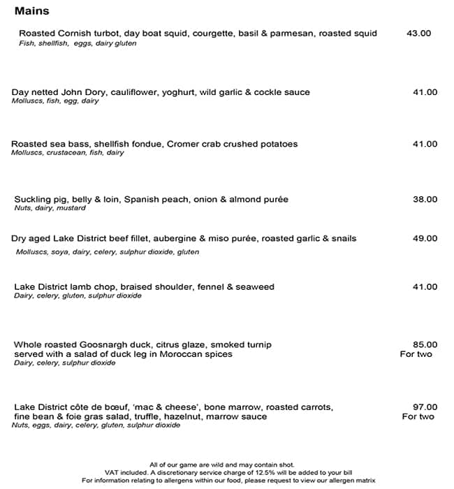 Menu at Pollen Street Social restaurant, London