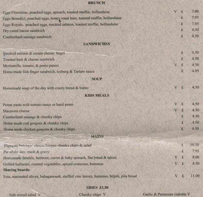 The Pavilion Cafe Menu, Menu for The Pavilion Cafe, Highgate, London