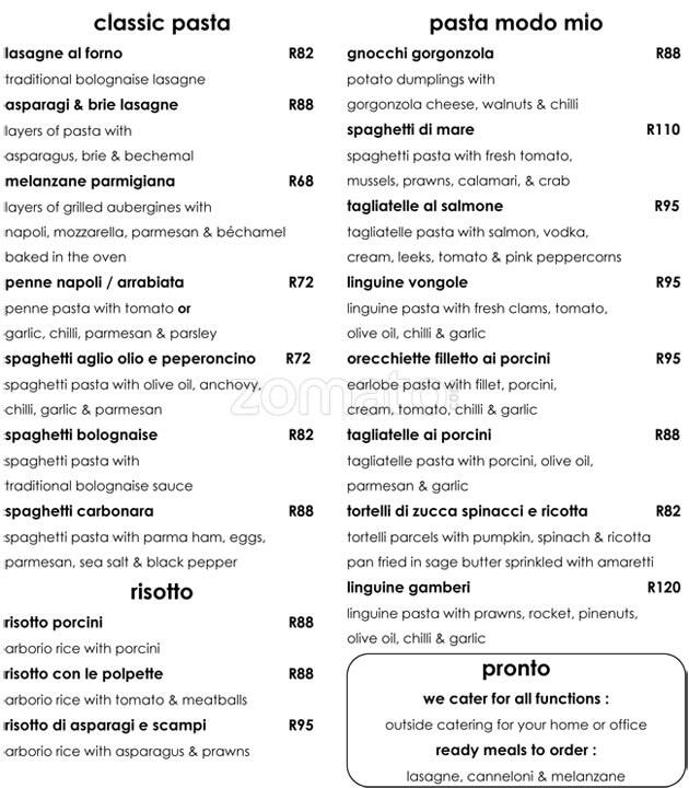 Modo Mio Menu, Menu for Modo Mio, Craighall, Johannesburg Zomato SA