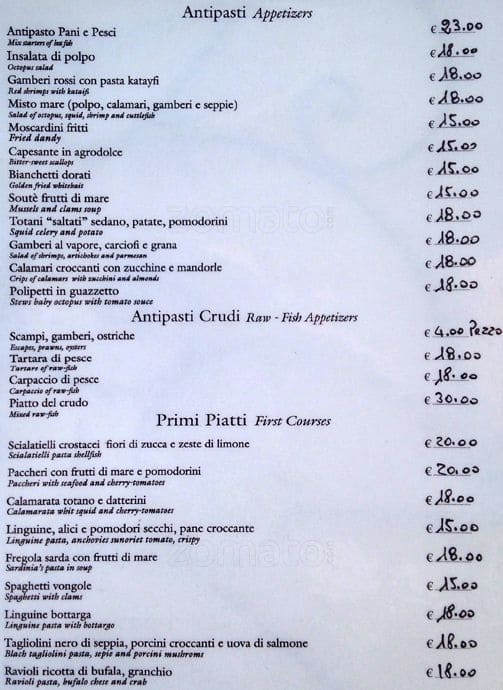 Menu at Pani e Pesci restaurant, Rome