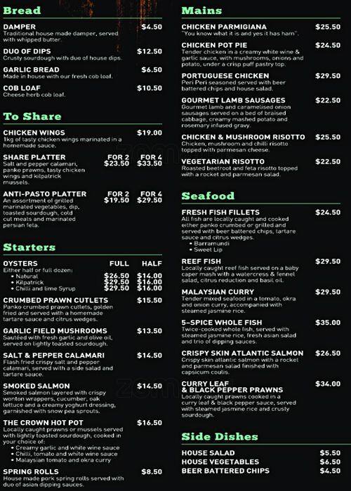 Menu at Crown On Palmer restaurant, Townsville