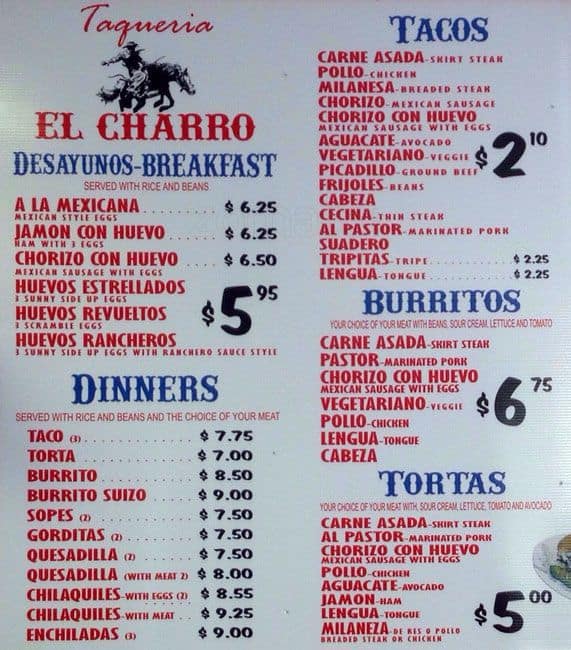 El Charro меню.