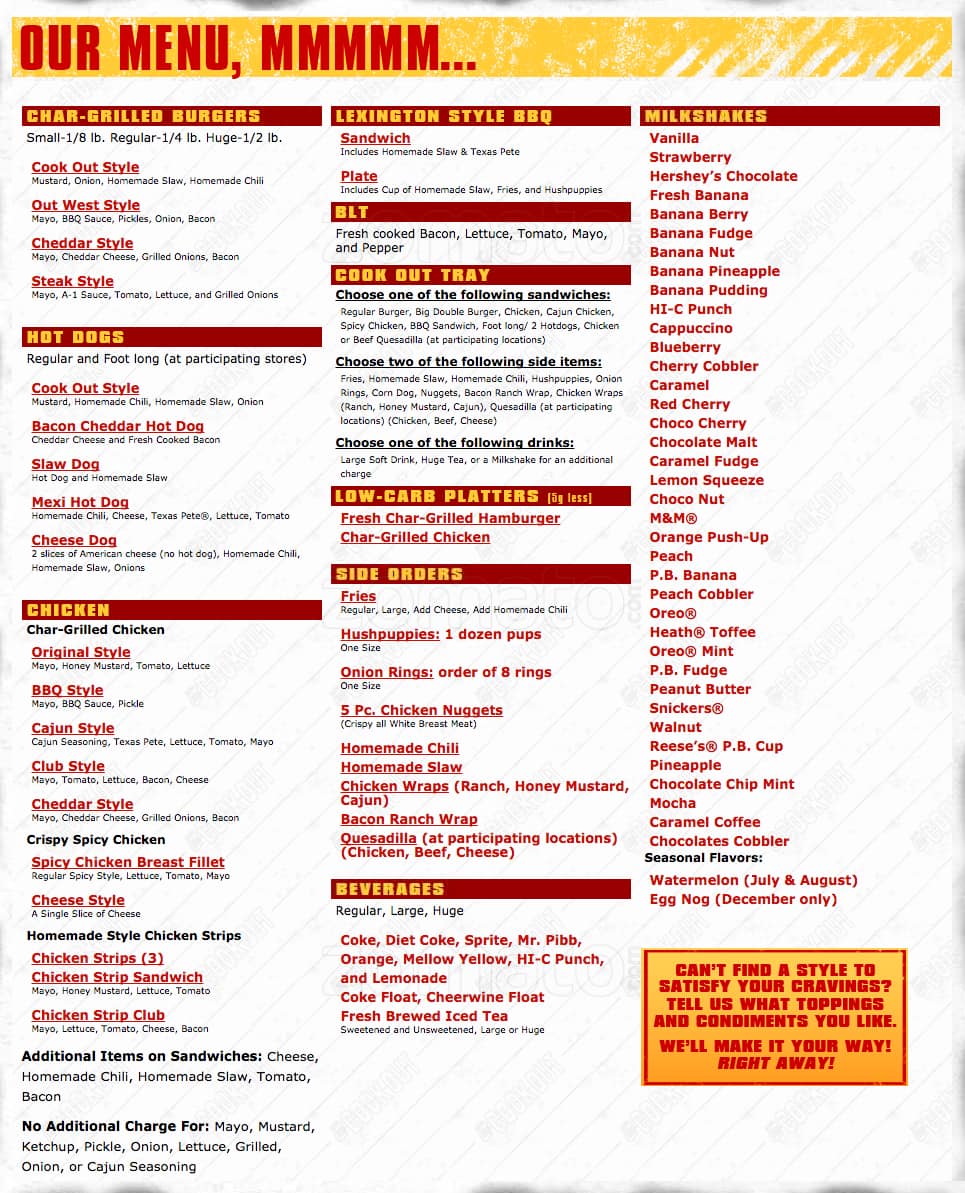 Cook Out Menu, Menu for Cook Out, Alpharetta, Atlanta Urbanspoon/Zomato