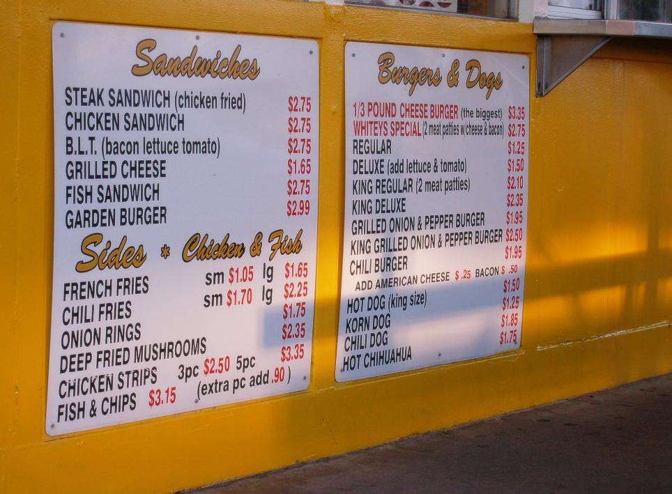 Menu at Whitey's Jolly Kone fast food, West Sacramento