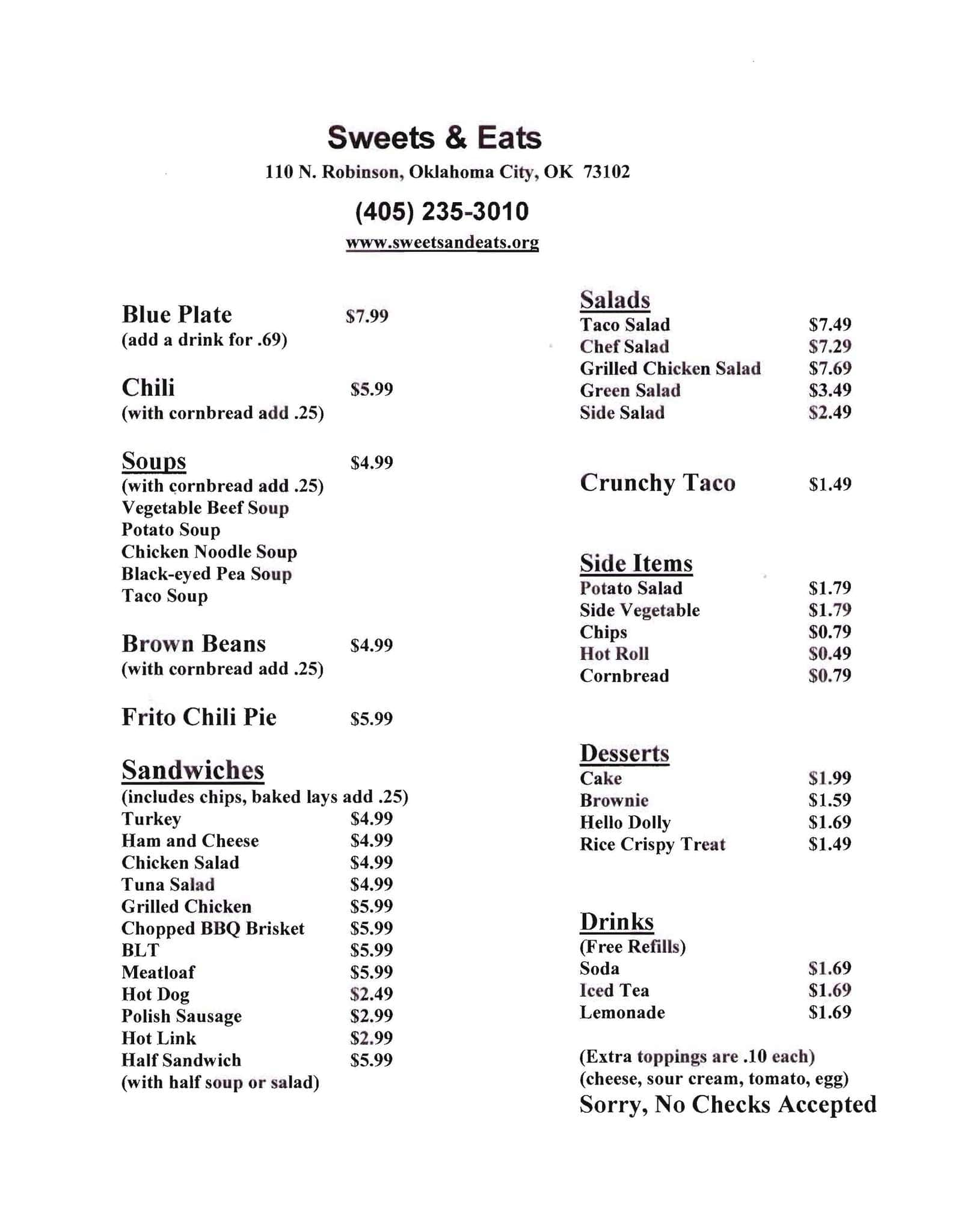 Menu at Sweets and Eats Cafe, Oklahoma City