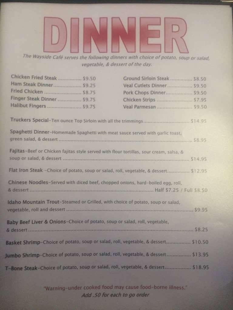 Menu at Wayside Cafe, Heyburn, ID24
