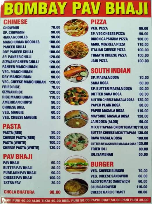 Menu at Bombe Pav Bhaji, Udaipur, JM2R+F57