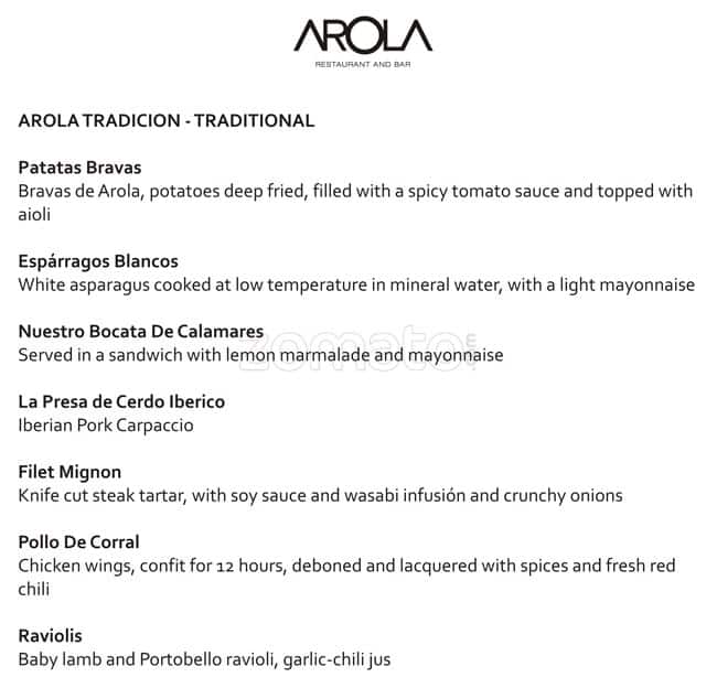 Arola Restaurant And Bar JW Marriott Mumbai Juhu Menu Zomato