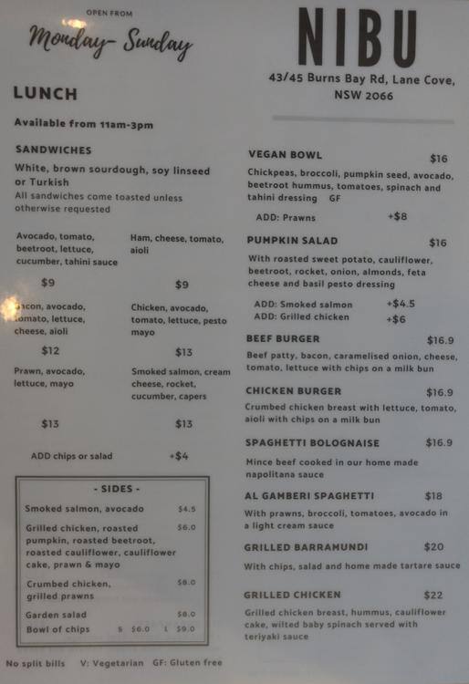 Menu at NiBu cafe, Lane Cove