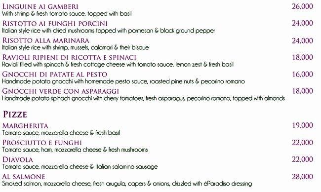 é Paradiso menu
