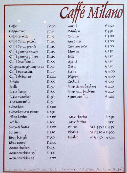 Menu di Caffè Milano 