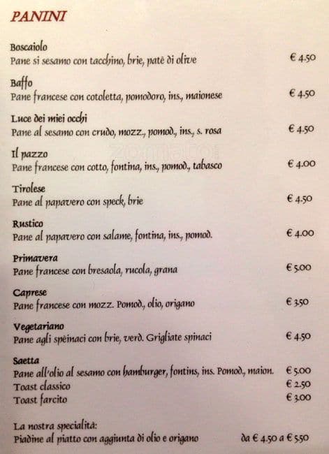 Menu di Caffè Milano 