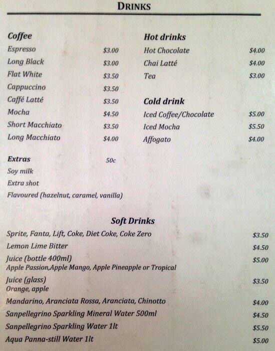 Menu at Bocelli restaurant, South Perth