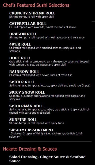 Nakato Menu Menu For Nakato Pineville Charlotte