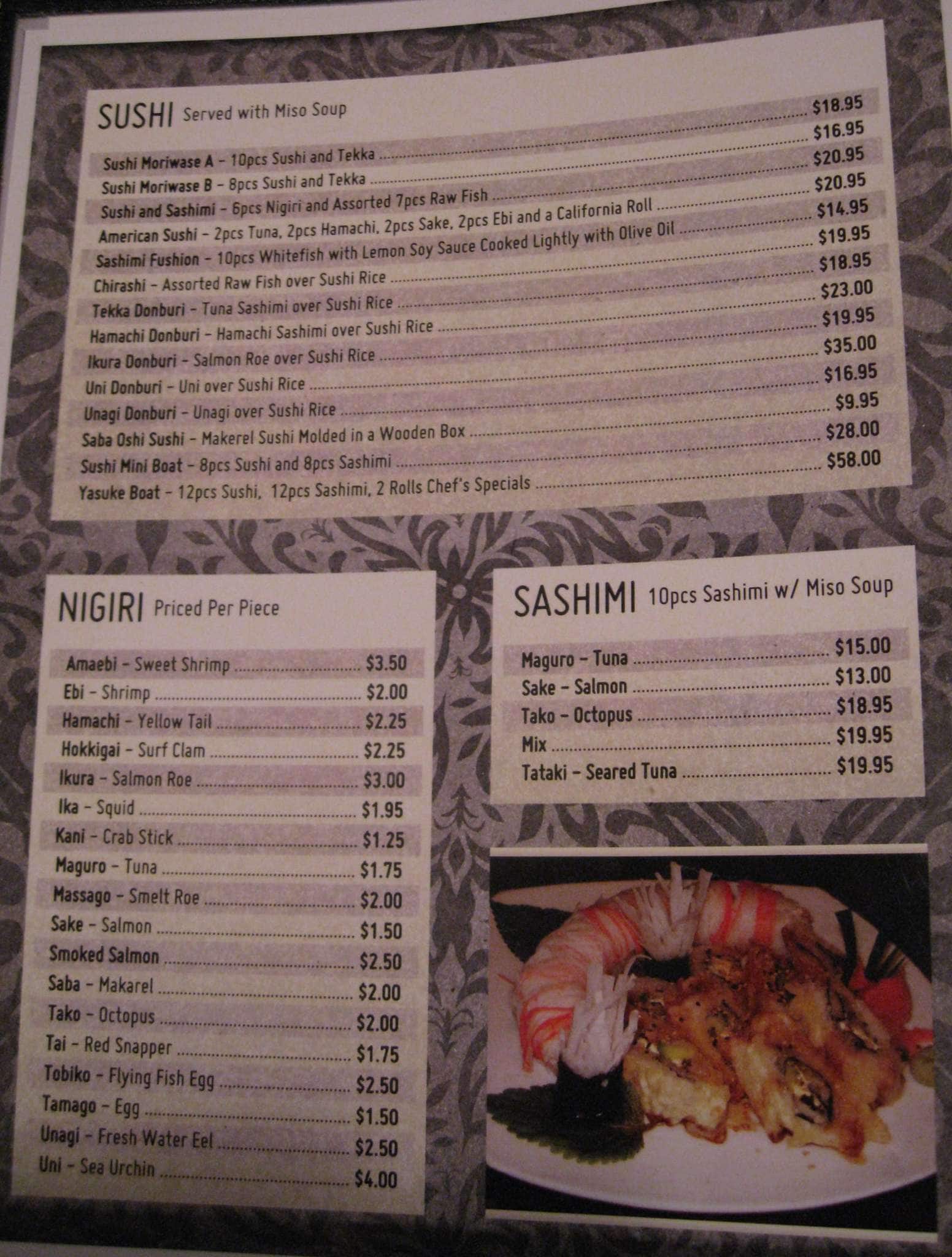yasu sushi bistro menu