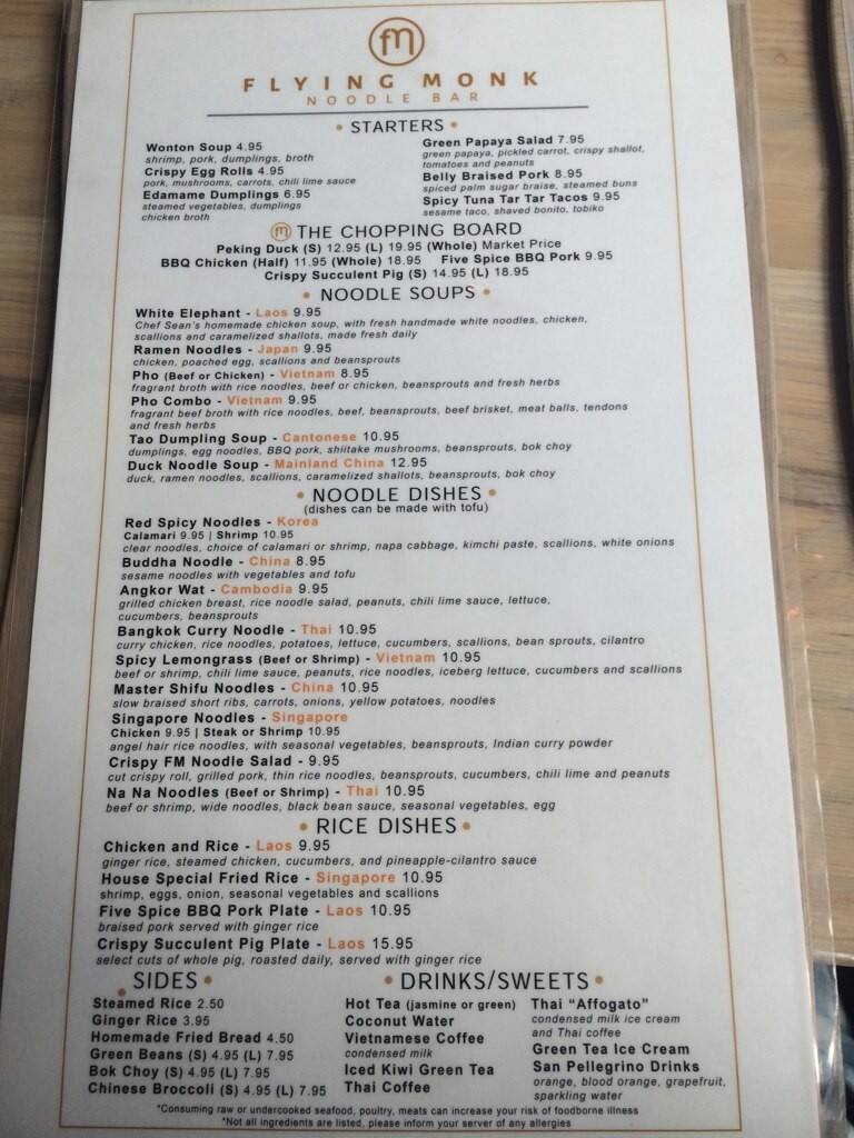 Menu at Flying Monk Noodle Bar, Savannah