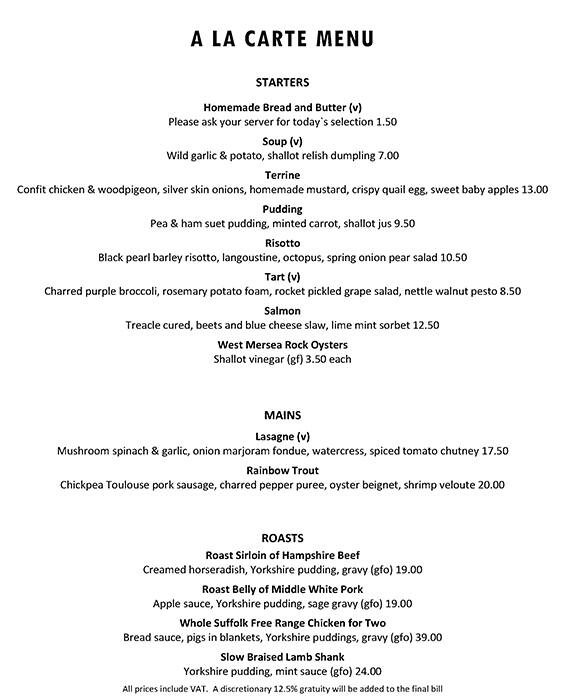 Menu at The Gun, Docklands pub & bar, London, 27 Coldharbour