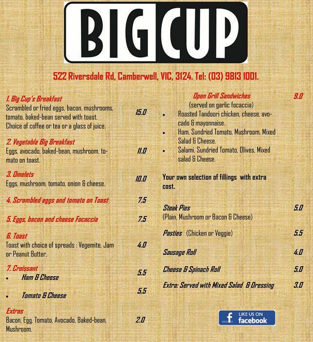 Big Cup Cafe Menu, Menu for Big Cup Cafe, Camberwell, Melbourne