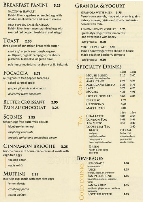 Terra Breads Cafe Menu, Menu for Terra Breads Cafe, Mount Pleasant ...