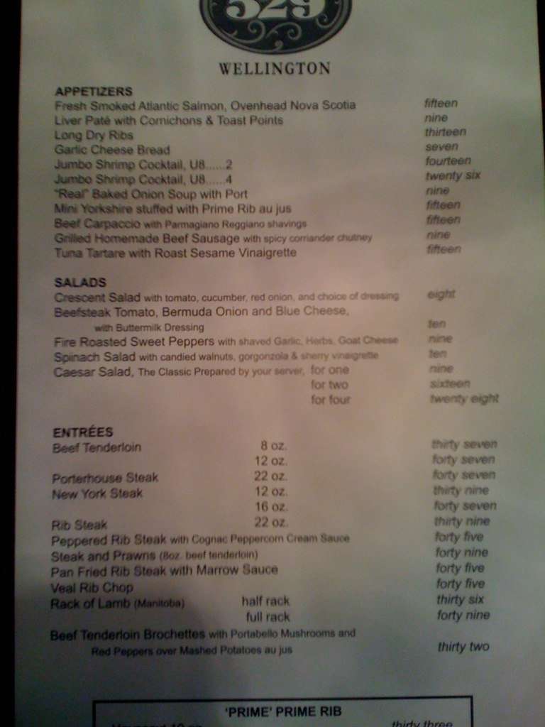 Menu at 529 Wellington steakhouse, Winnipeg