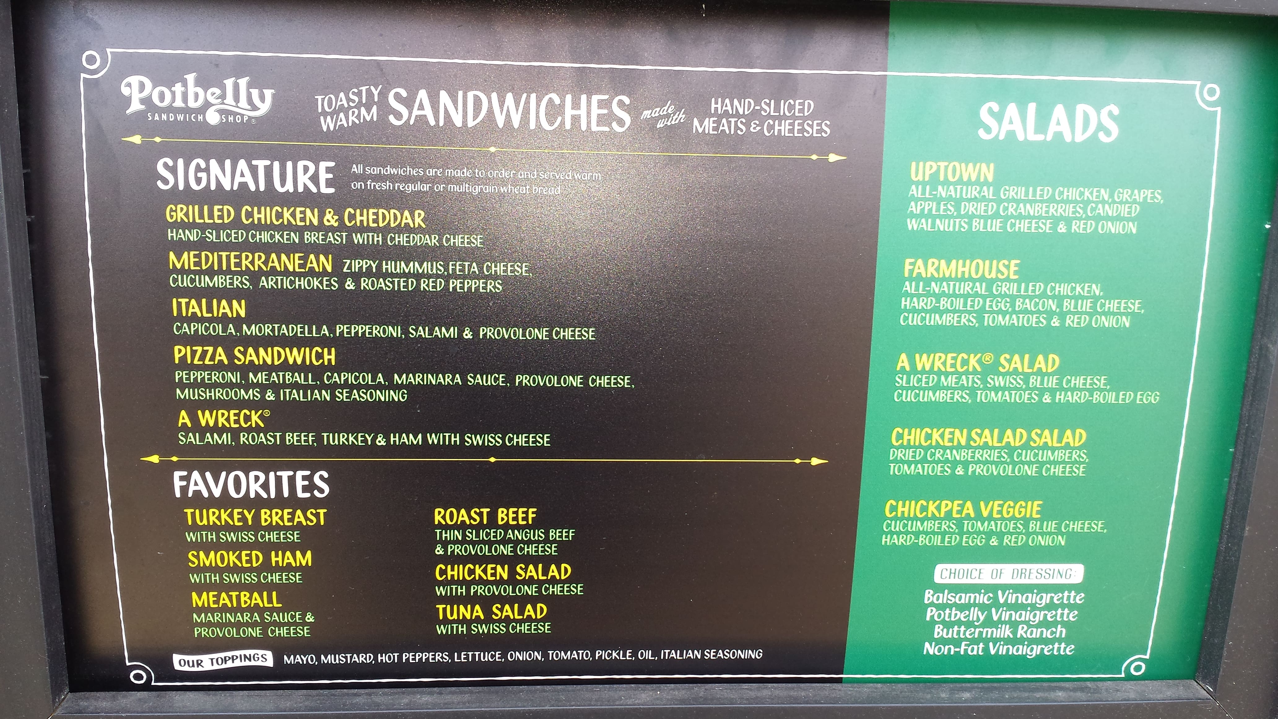 Potbelly Sandwich Shop menu, Menu restauracji Potbelly Sandwich Shop