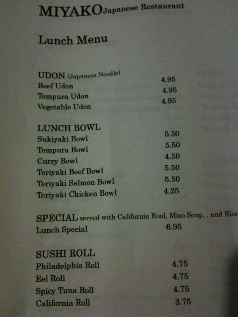 Menu at Miyako restaurant, National City