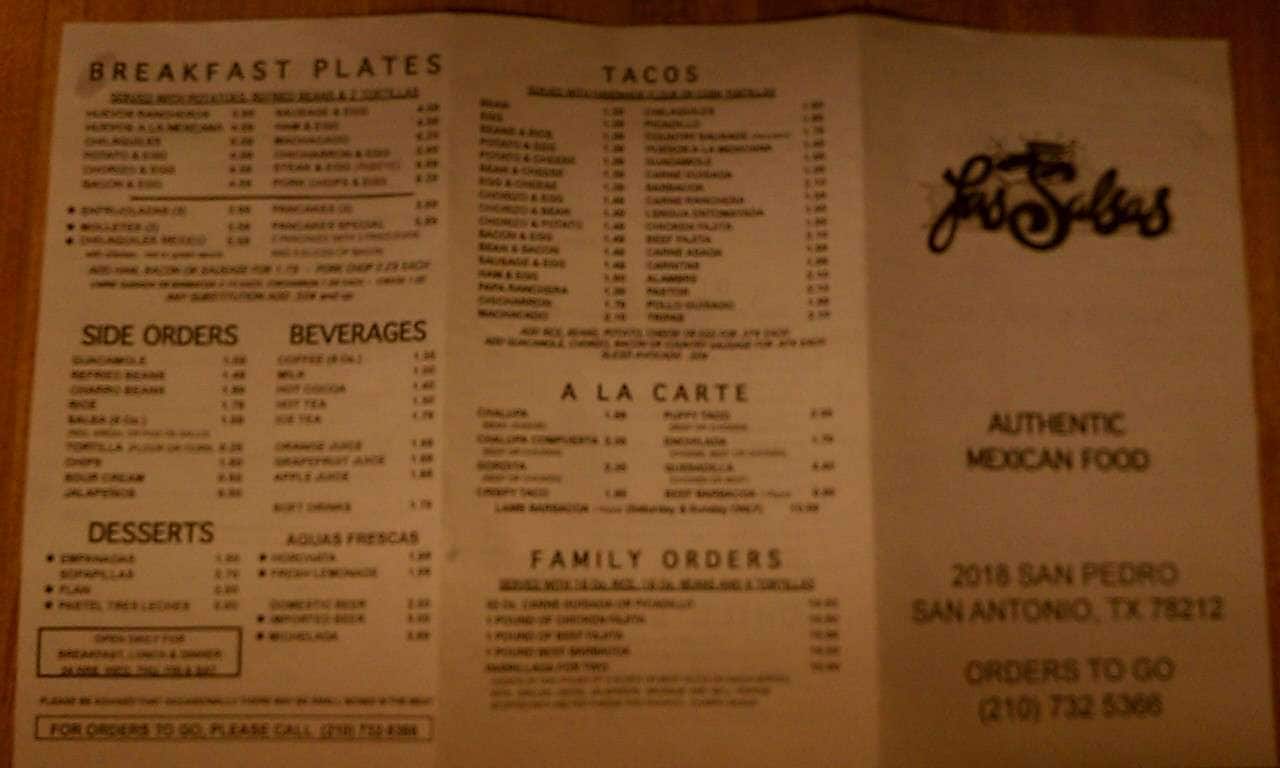 Menu at Las Salsas restaurant, San Antonio, San Pedro Ave