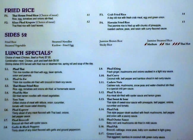 Menu at Thai House restaurant, San Antonio