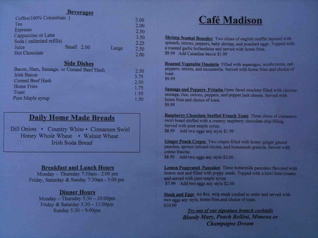 Cafe Madison Menu, Menu for Cafe Madison, Albany, Albany - Urbanspoon