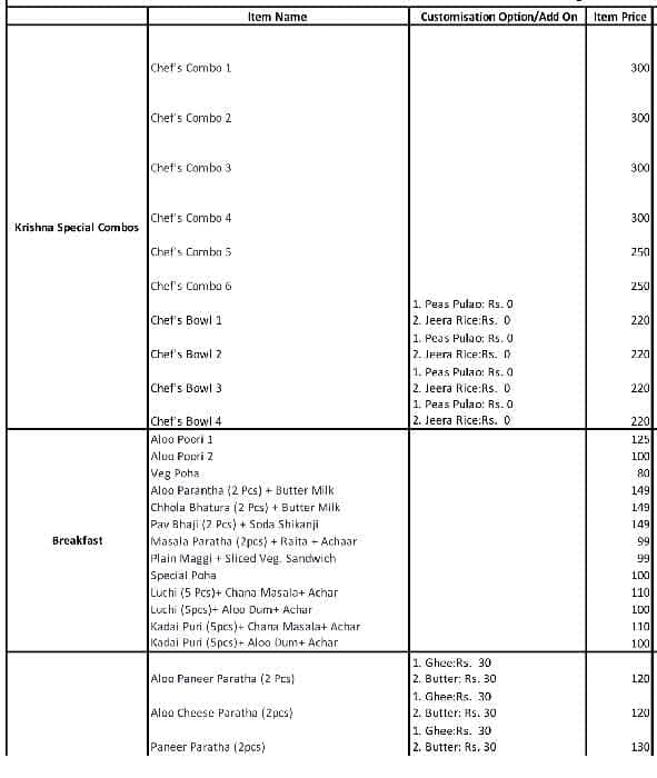 Krishna's The Vegetarian Paradise menu
