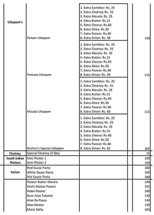 Krishna's The Vegetarian Paradise menu