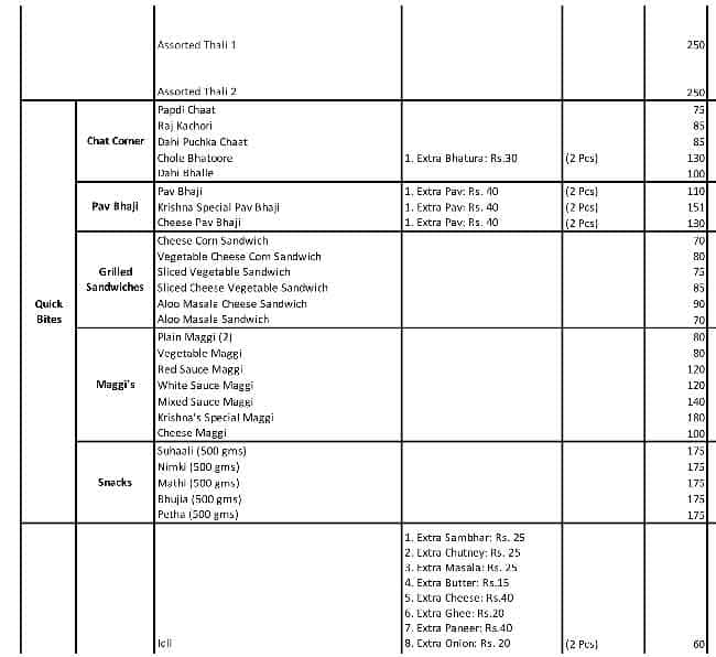 Krishna's The Vegetarian Paradise menu