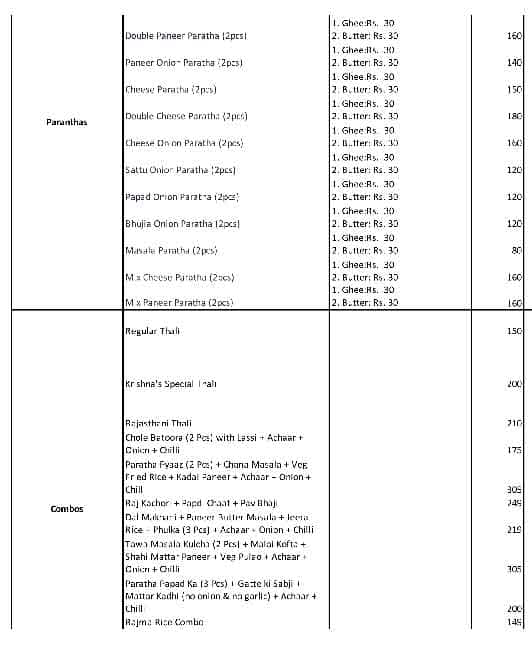 Krishna's The Vegetarian Paradise menu