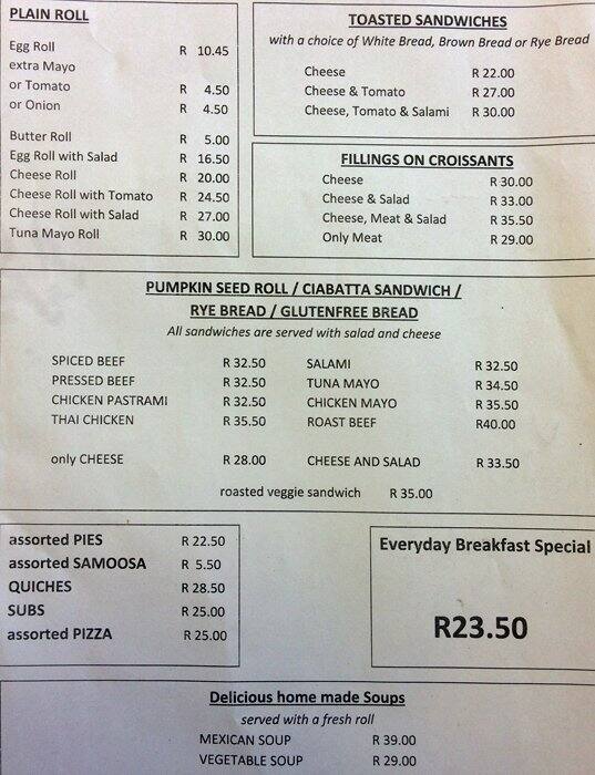 Rosa's Bakery menu, Menu restauracji Rosa's Bakery, CBD, Cape Town