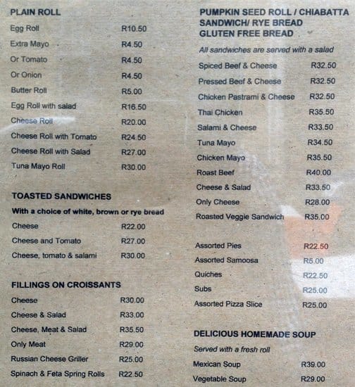 Menu at Rosa's Bakery, Cape Town