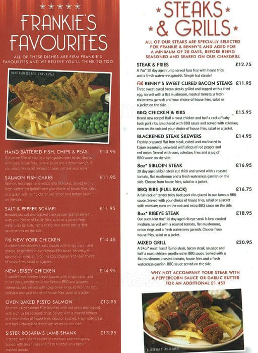 Menu At Frankie And Bennys Restaurant Manchester 34 St Ann St