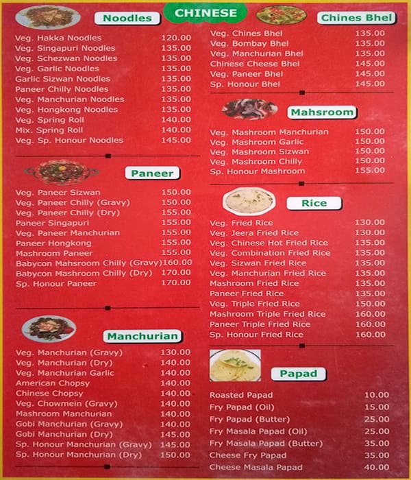 Honour Restaurant menu